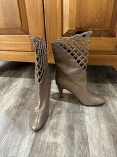 Halston Vintage 70s Rare Taupe Nude Lattice Cut Mid Calf Leather Boots 8