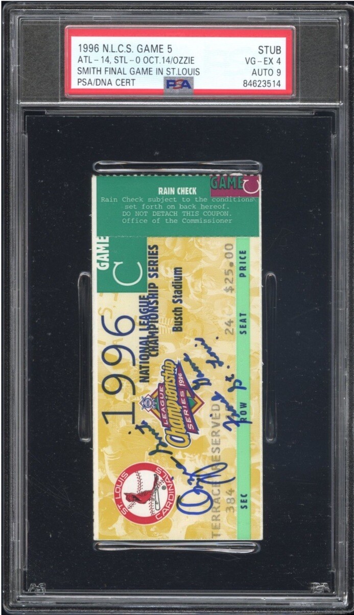 Ozzie Smith Autographed Signed St. Louis Cardinals PSA 9 FINAL Game- Ticket Stub 10/14/96 