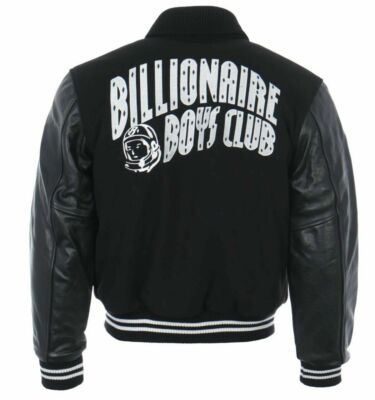 BILLIONAIRE CLUB LETTERMAN BLACK WOOL AND LEATHER VARSITY JACKET