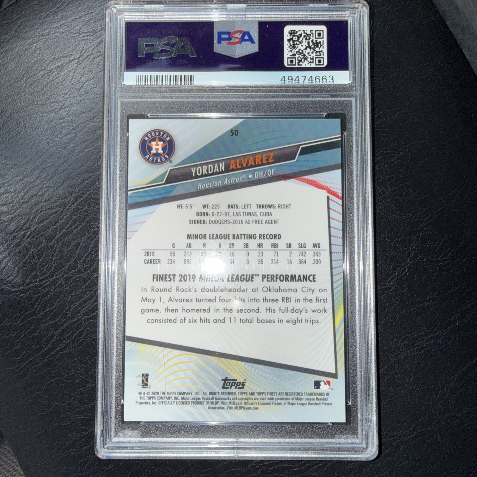 2020 Topps Finest Yordan Alvarez /50 GOLD RC Refractor RC Rookie SP PSA10 view 2