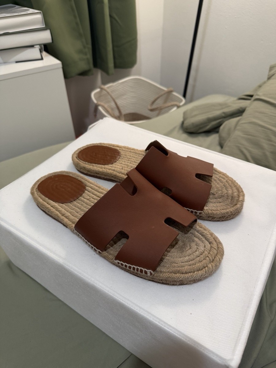 Hermes Brown/Beige Leather H-Strap Espadrille Slide Sandals US 11 View 4