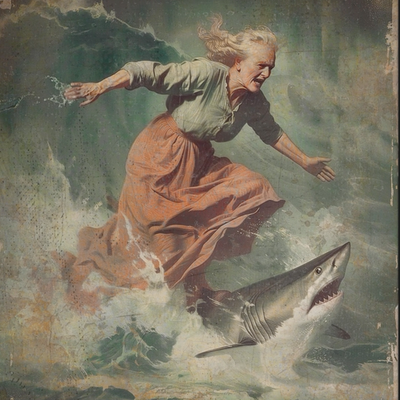 Vintage SURFING SHARK Wall Art, Surf Girl Poster, Ocean Surfboard