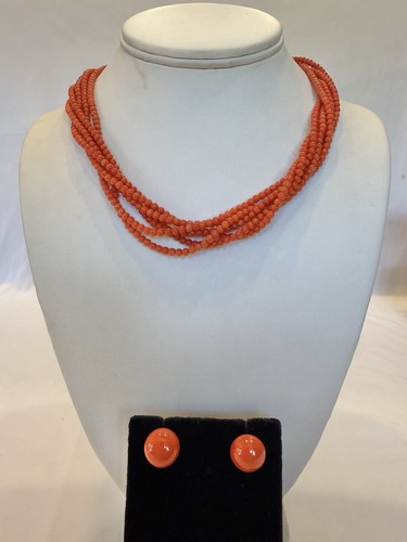 MAGNIFICENT ITALIAN SERGIO RONCO 18K GOLD CORAL SET OF NECKLACE AND EARRINGS