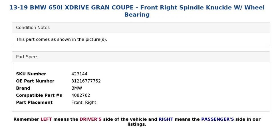 BMW 650I XDRIVE GRAN CUPÉ 13-19 - Nudillo husillo delantero derecho con cojinete de rueda Foto 4 de 4