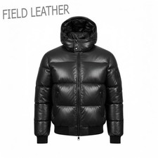 Men's Hooded Black Leather Puffer Jacket Real Leather Bomber Jacket Quilted Coat
