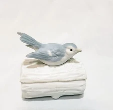 Bird on Log Trinket Box Trinket Box  3"  Crowning Touch Japan Blue White Ceramic