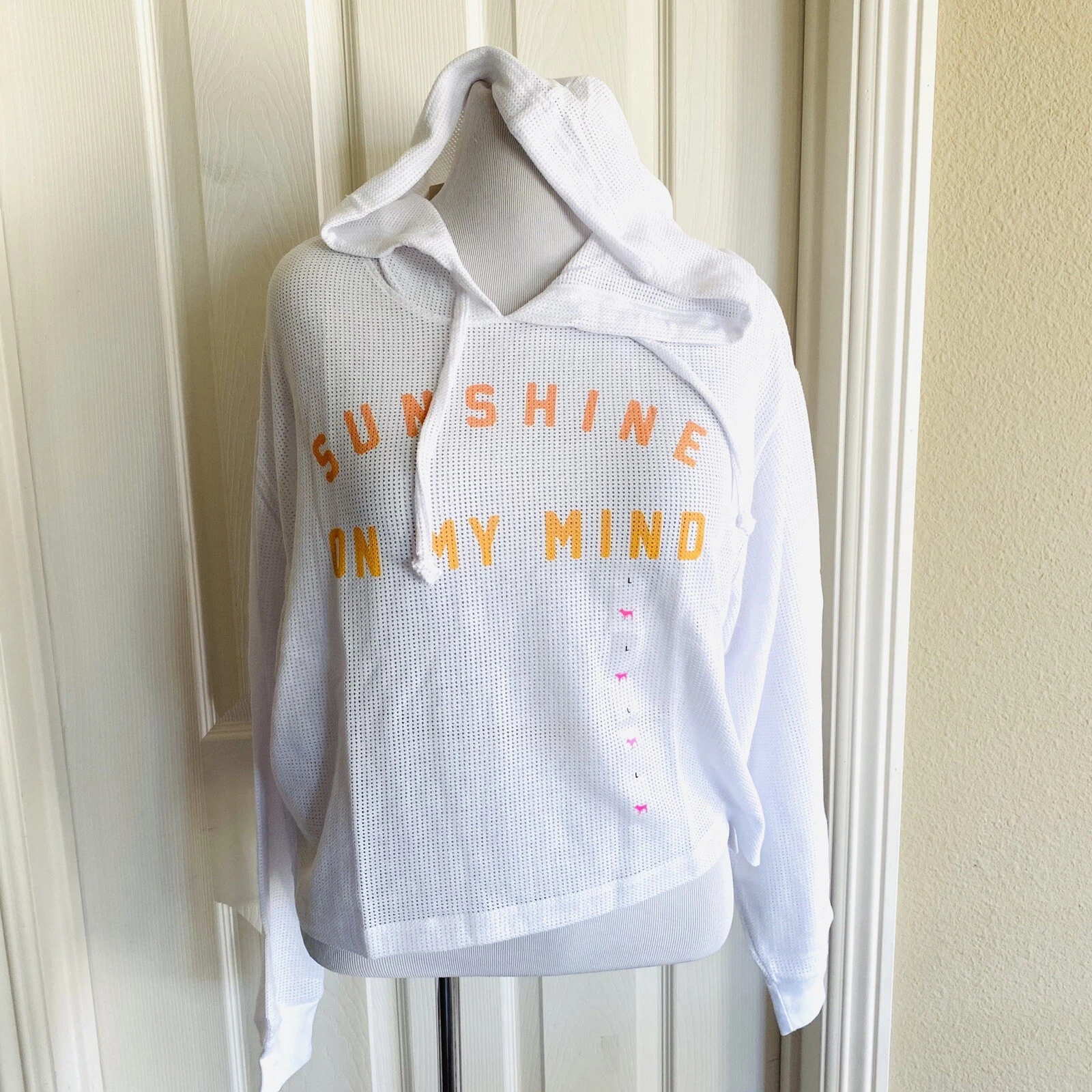 UNDERCOVER Nuova felpa con cappuccio Victoria's Secret ROSA bianca a maglia manica lunga crop Med