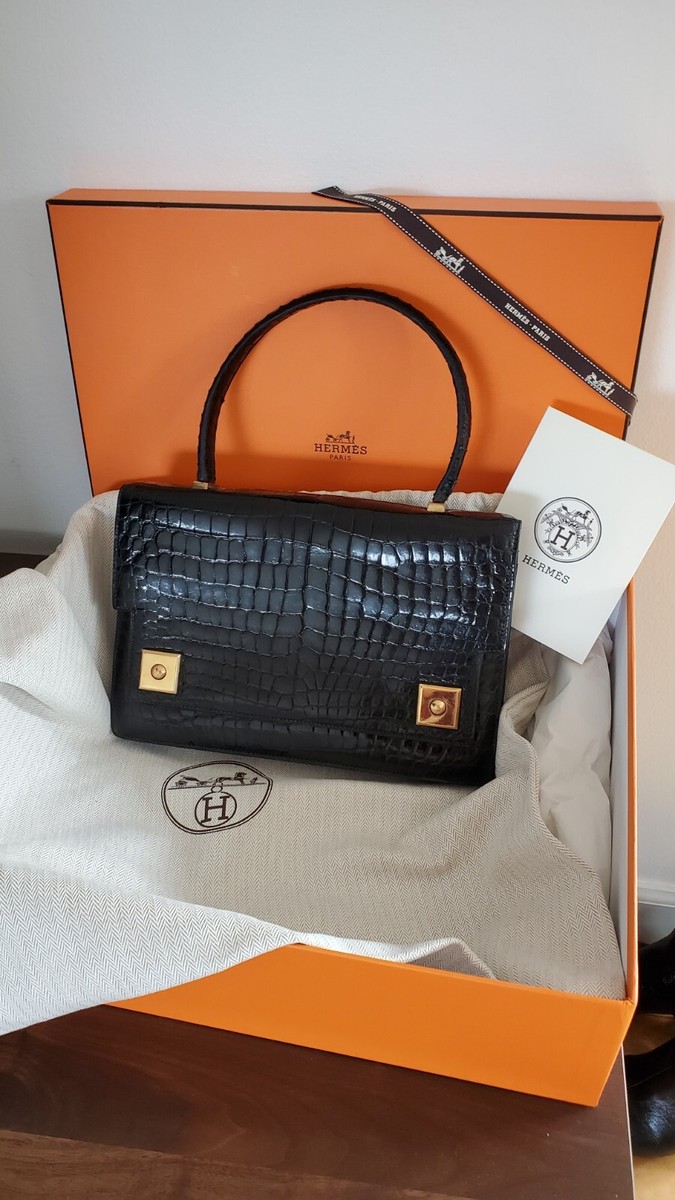 HERMES BLACK CROCODILE POROSUS LEATHER PIANO WOMEN FLAP HANDBAG