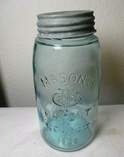 ANTIQUE NOV 30TH 1858 MASONS CFJ GREEN 1 QT CANNING JAR W/ZINC LID MKD D-368