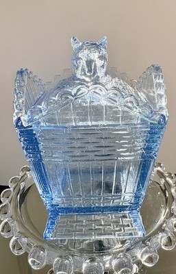 Vintage, Limited Production Summit Glass Sky Blue Cat On Hamper lidded dish