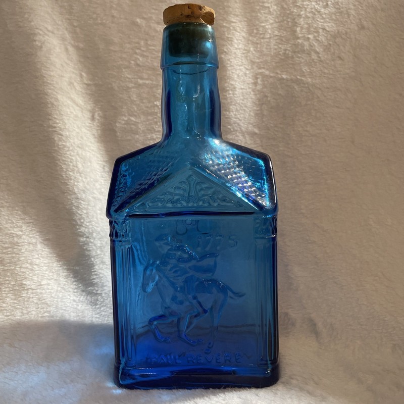 Wheaton Cobalt Blue Glass Bottle Embossed Paul Revere 1775 Vintage 8” Incl Cork