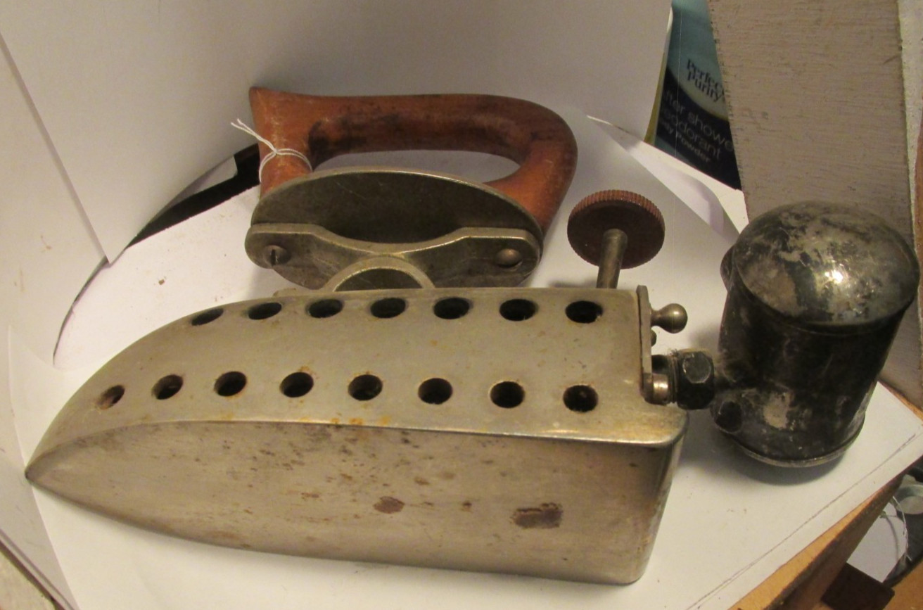 antique gas heated sad iron wood handle 8" long 6" tall heavy steel  stainless