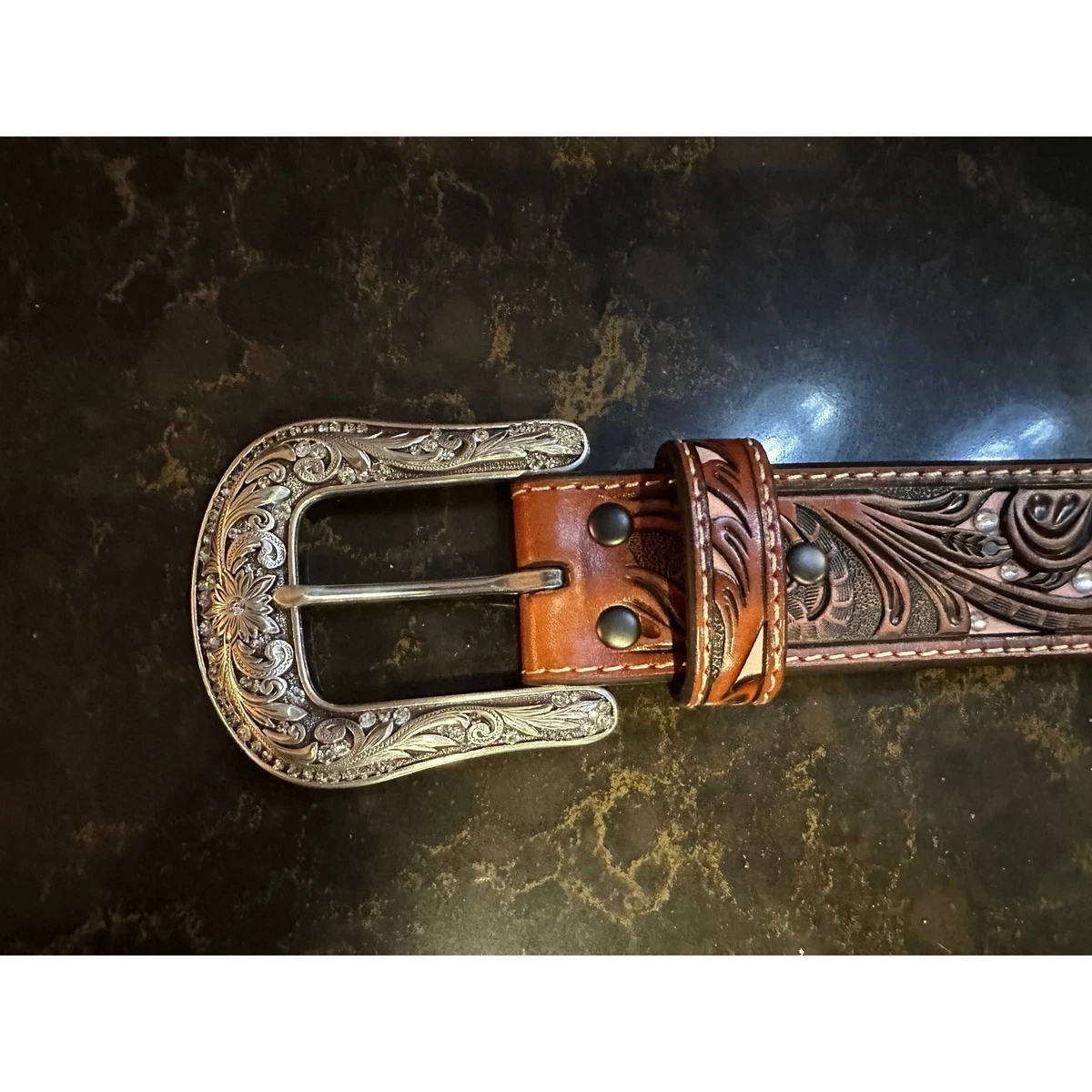 Ariat Womens Brown Leather Floral hand Tooled Western Belt Pink Rhinestones Ariat Women main image 4