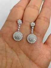 2Ct Round Cut Real Moissanite Cluster Drop Dangle Earrings 14K White Gold Plated