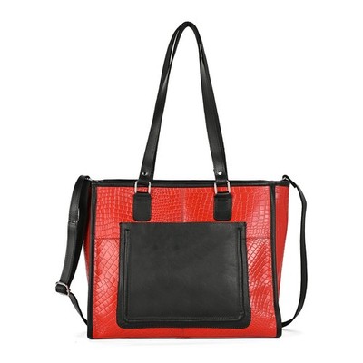 La Marey Red & Black Genuine Leather Tote Bag with Front Pocket