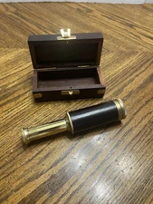 Small Leather Wrapped Brass Spy Telescope In Wooden Box 