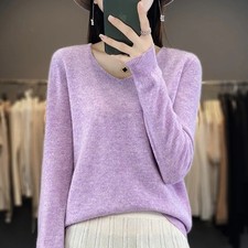 Women 100% Merino Wool Sweater V-Neck Basic Pullover Autumn Winter Cashmere