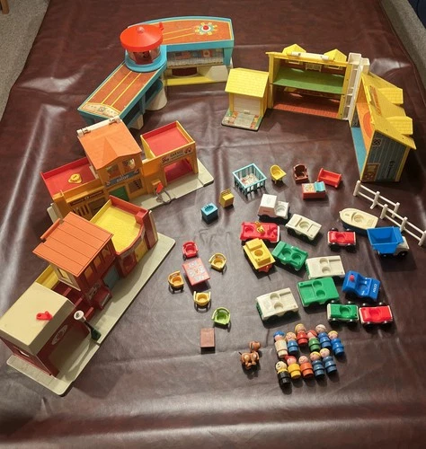 Vintage Fisher Price Little People Lot Buildings Vehicles House Town Airport