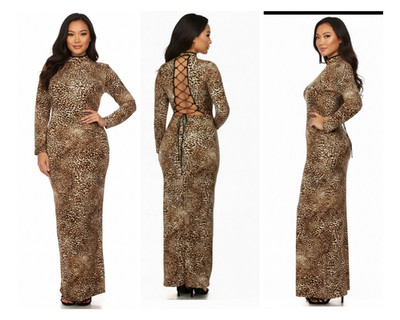 Women s Leopard Print Maxi Dress Long Sleeve Lace-Up Back Bodycon Sexy Evening
