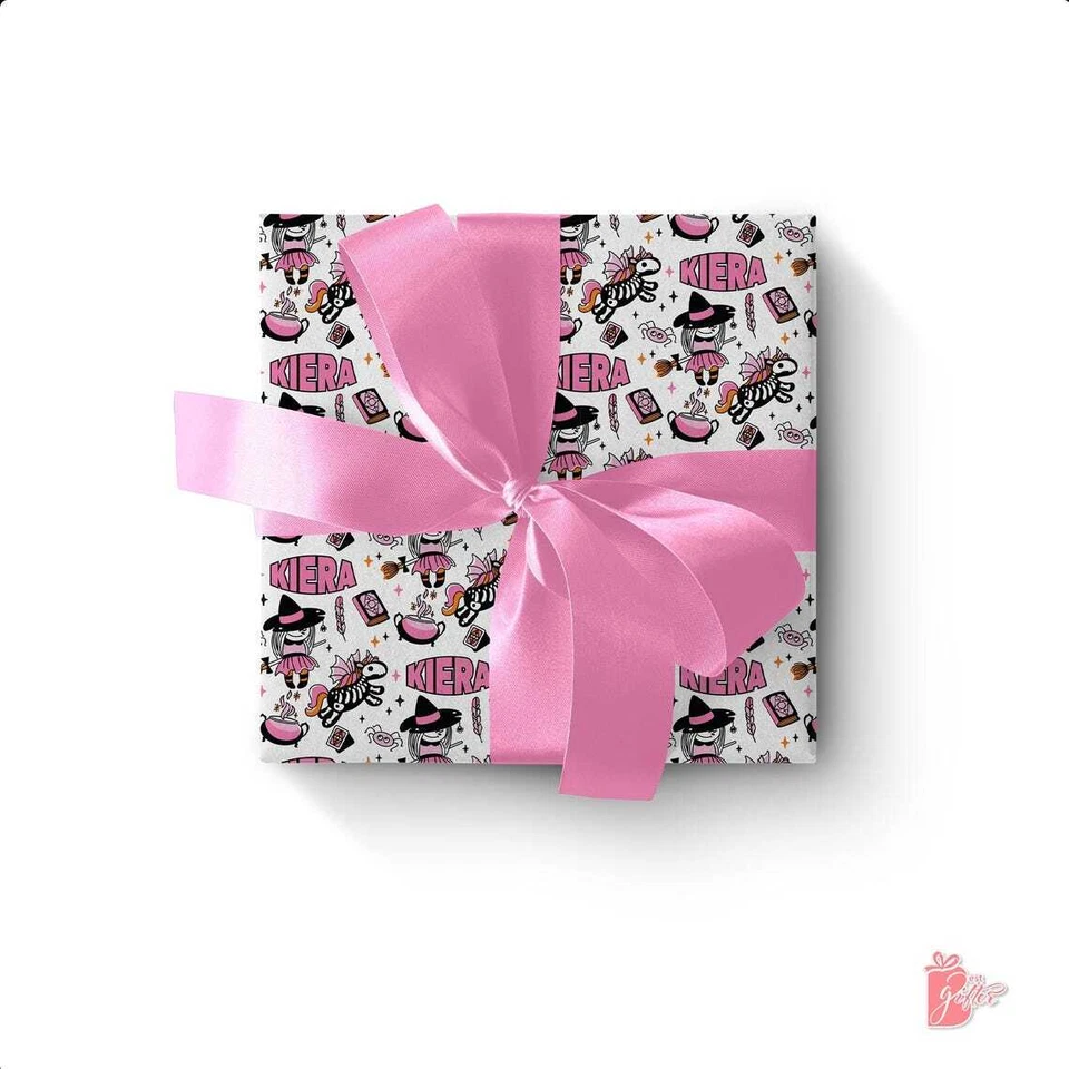 Papel de envolver regalo de Halloween personalizado con nombre coral unicornio envoltura de regalo 24" Foto 3 de 4
