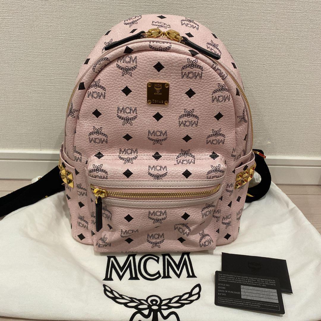 Authentic MCM Stark Visetos Backpack Pink Black Synthetic Leather Used