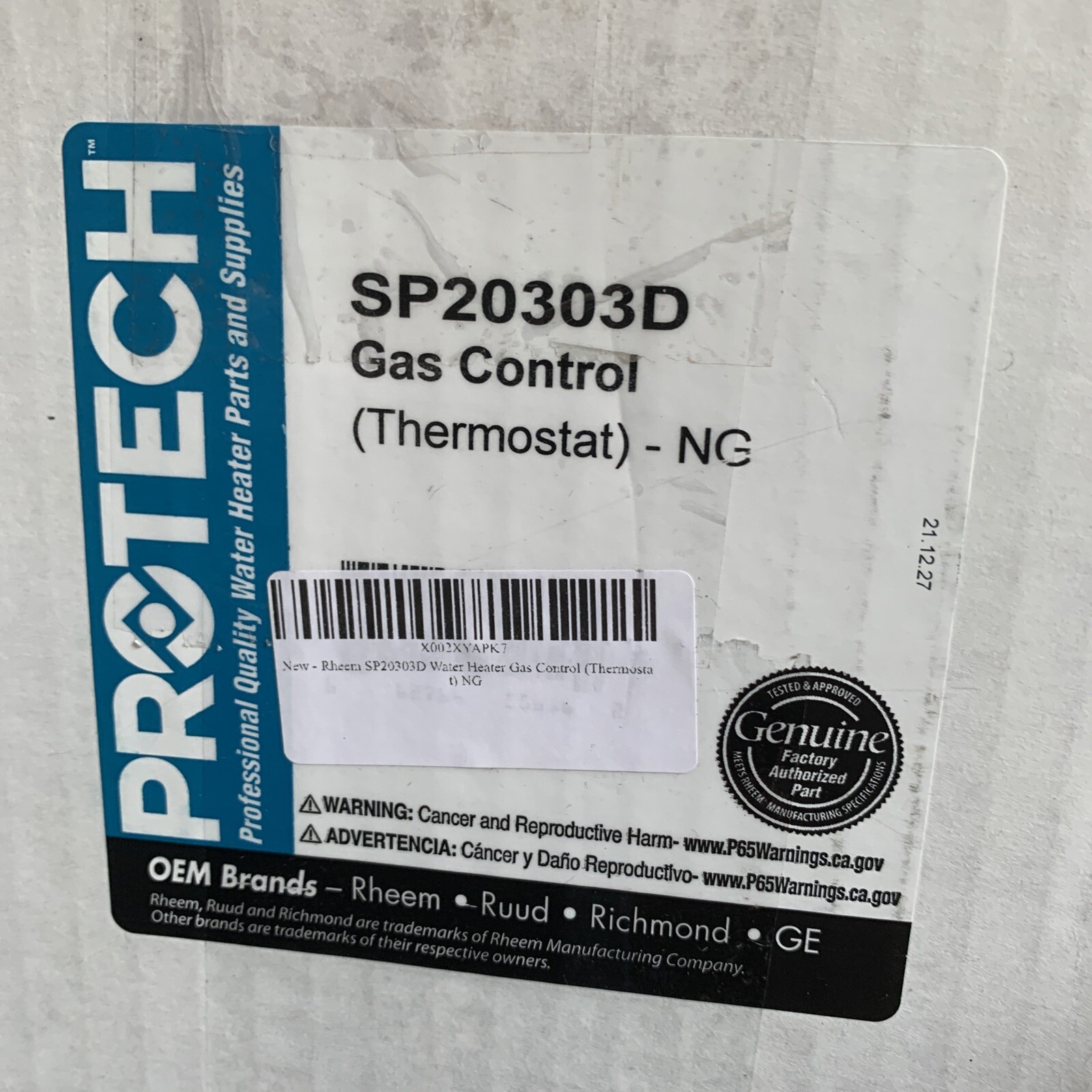 RHEEM PROTECH WATER HEATER GAS CONTROL THERMOSTAT-SP20303D 662766556162 |  eBay