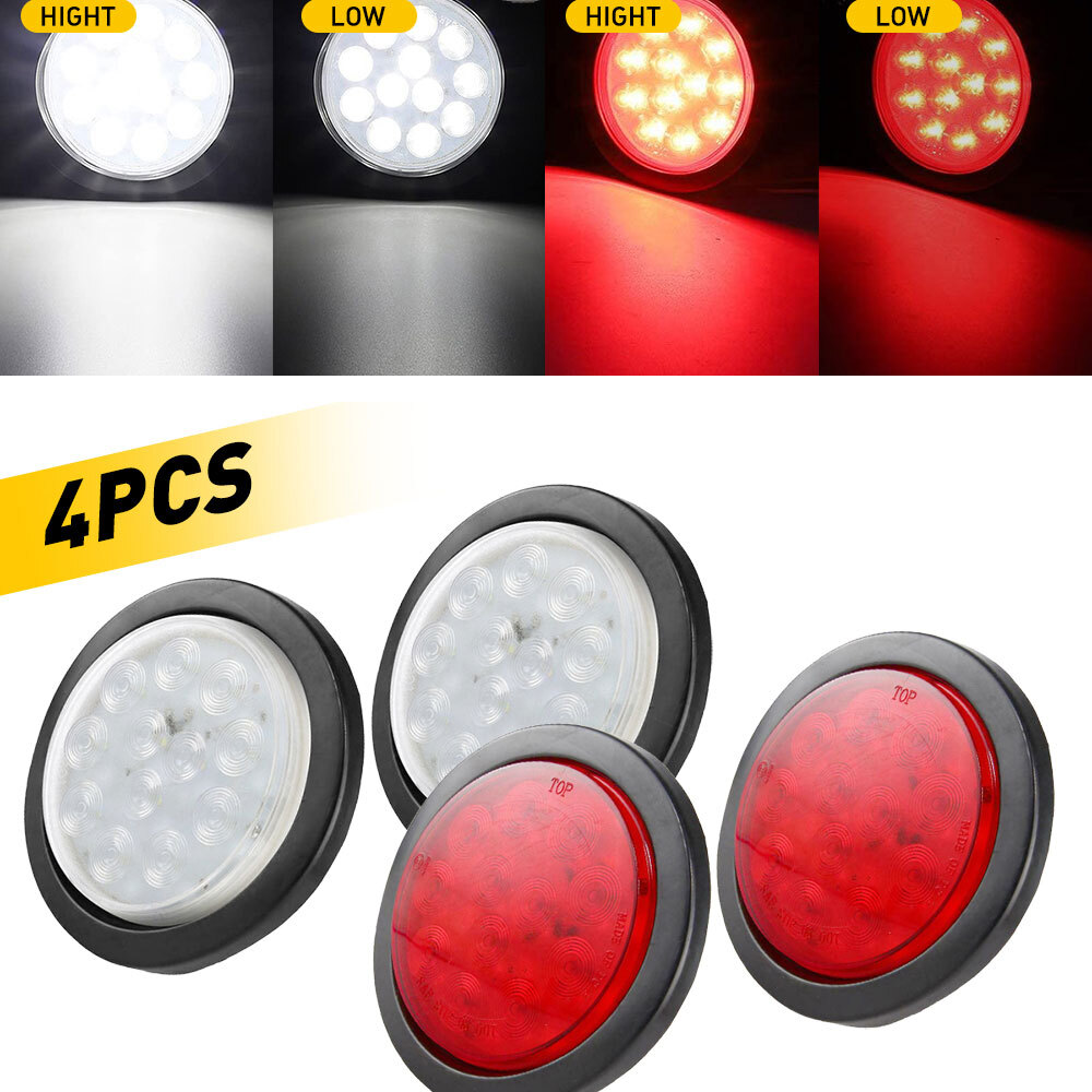 4PCS 4'' Stop Round Turn Tail Brake Lights Red & White For Truck Trailer 12-LED
