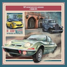 OPEL ADAM ROCKS / 1971 Opel GT / 1936 Opel P4 Car Stamp Sheet (2017 Niger)