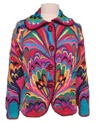 Y2K Michael Simon Embroidered Flame Stitch Cardigan Sweater L c. 1990s RARE  M