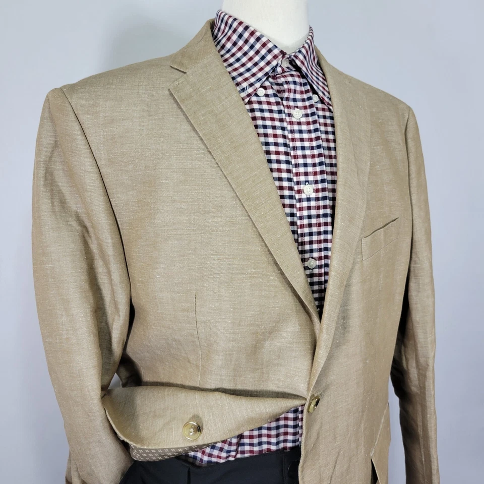 Abrigo Blazer Deportivo Para Hombre Alan River Dos Botones Beige Algodón Lino Sarga Talla 46L Foto 3 de 4