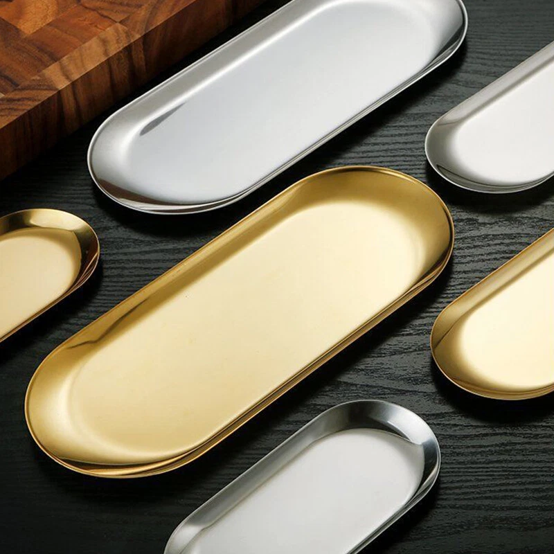 Stainless Steel Oval Serving Tray Dessert Plate Organizer For Jewelry/Fruit Gold - Image 4 of 4