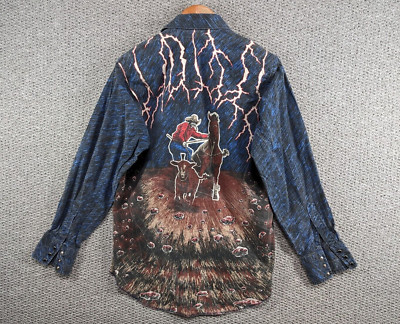 Wrangler Vintage 80's Thunder Storm Cowboy Graphic Print Pearl Snap Shirt 15.5 M