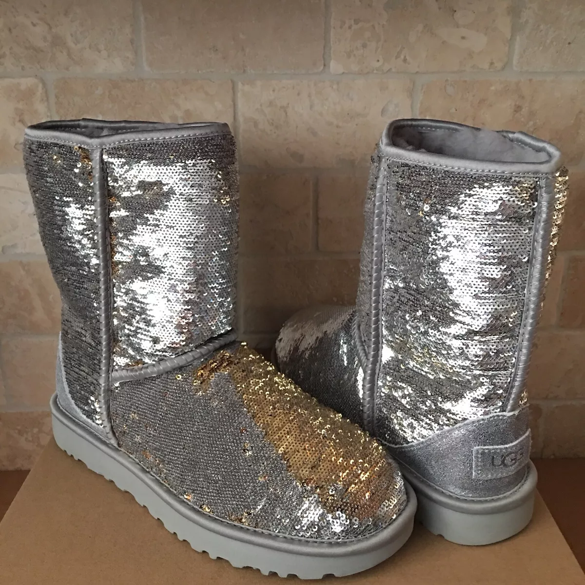 UGG Classic Short Cosmos Sequin Silver Gold Sheepskin Boots Size US 6  Women’s