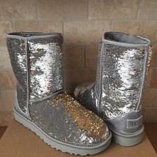 UGG Classic Short Cosmos Sequin Silver Gold Sheepskin Boots Size US 6 Women  s