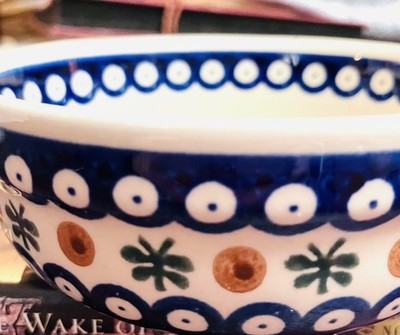 Boleslawiec Polish Bowl Pottery Peacock Eyes 6.25 Inches Wide Cereal Blue Green