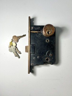 Antique Russwin 11213 Brass Exterior Mortise Entry Door Lock W Cylinder & Keys