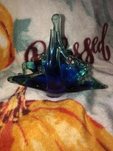 Blue And Green Vintage Murano Art Glass Basket