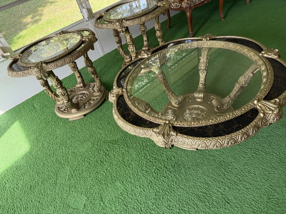 Set 3 Hollywood Regency Glass Top Gold Gilt & Faux Marble Coffee & 2 End Tables - Image 2 of 4