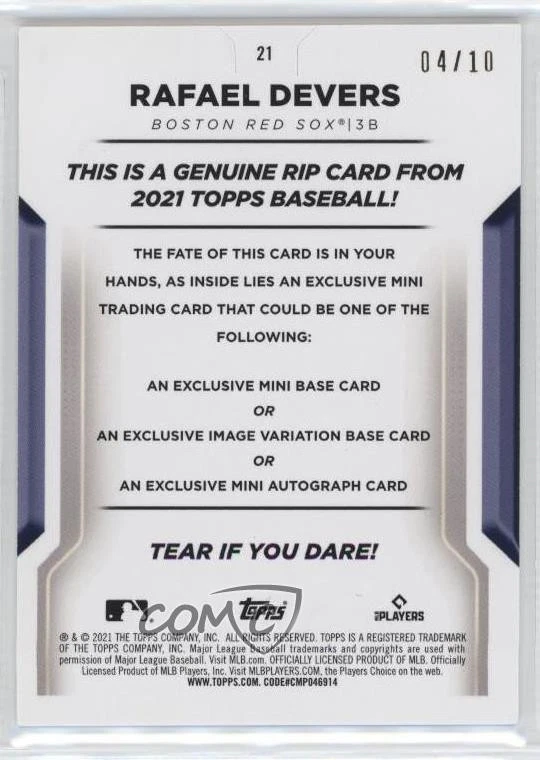 2021 Topps Rip Blue Ripped /10 Rafael Devers #21 - Image 2 of 2