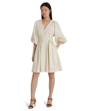 Lauren Ralph Lauren Womens' Belted Linen Bubble-Sleeve Dress - Mascarpone Cream