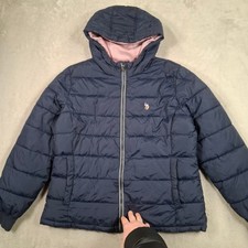 U.S. Polo Assn Jacket Womens Large Navy Pink Puffer Hooded Quilted Coat