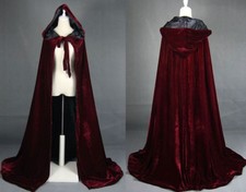 Wine black Velvet Hooded Cloak Cape Wedding Halloween Coat Costume Wicca Robe