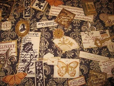 VINTAGE FRENCH ITEMS AD KEY BUTTERFLY POSTMARK METALLIC BRN COTTON FABRIC FQ OOP