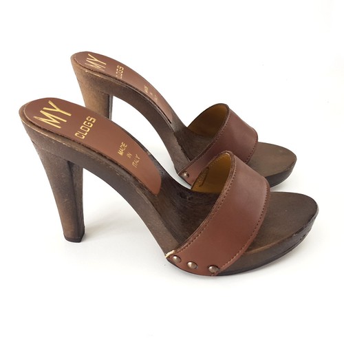 Zuecos Mujer De Cuero - Hecho En Italia - Del 35 Al 42 Tacón 11cm - MY50 Marrón - Imagen 3 de 8