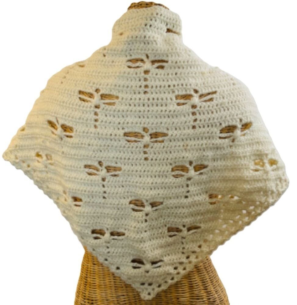 Handmade Off-White Crochet Shawl with Dragonfly Cutouts 67x30 Acrylic Wrap