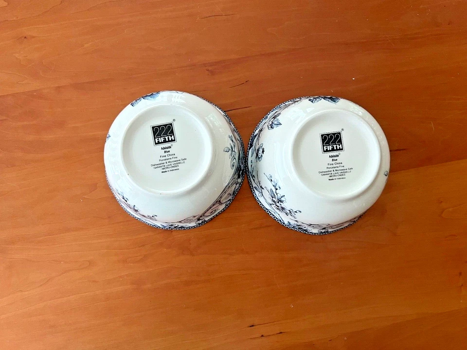 222 QUINTO Adelaide Azul Toile Floral e Pássaro 5 3/4" Conjunto de 2 Tigelas de Sopa de Cereais - Imagem 3 de 4