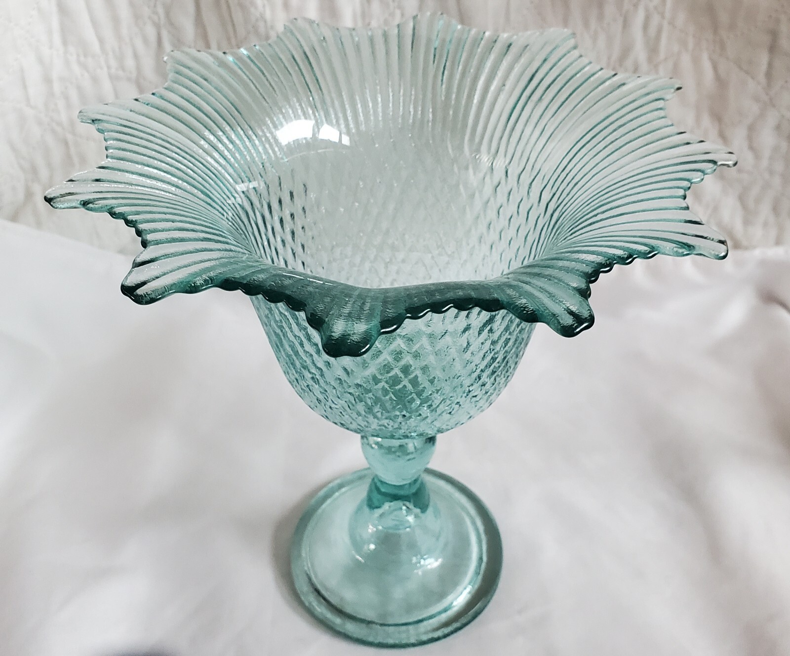 Aqua Blossom Art Glass Compote Pedestal Bowl 9x8.5 Inch Centerpiece