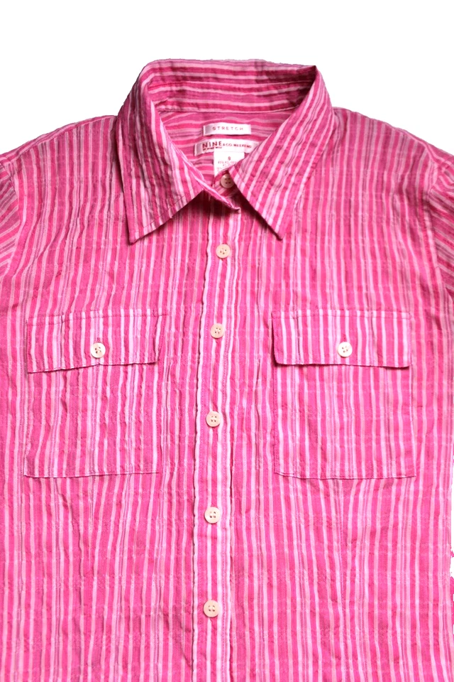 BLUSA NINE & CO feminina tamanho 8 listra branca rosa listra enrugada manga longa - Imagem 2 de 4