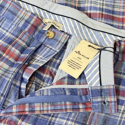 Peter Millar Shorts Linen Plaid 9'' Seaside Men Size 40 Blue
