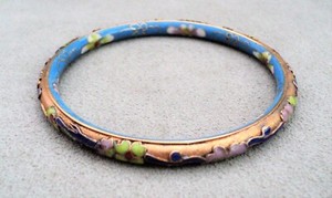 Vtg Champlevé & CLOISONNE ENAMEL Floral BANGLE BRACELET Blue Green Pink 7.75"